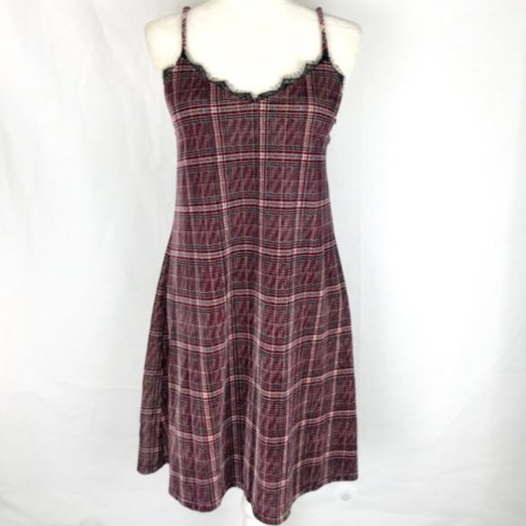 Hummingbird Dresses & Skirts - Hummingbird Womens Plaid Stretch Velvet Lace Trim Short Dress Size S